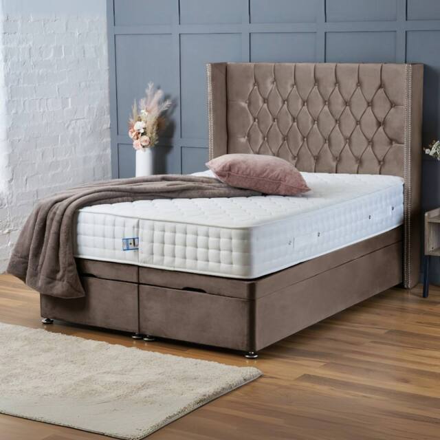 "BSSPOKE Olivia Ottoman Divan Bed Plush Velvet 54"" Headboard & No Mattress in Taupe - Size: Single" - image 1