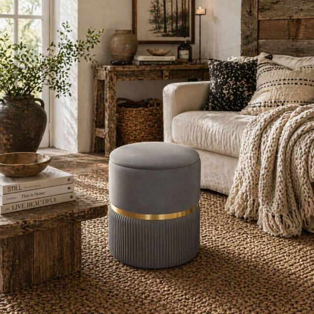 Wyld Haus Vami Grey Velvet Feel Storage Ottoman with Gold Accent - image 1