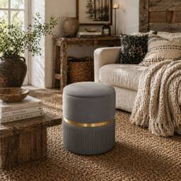 Wyld Haus Vami Grey Velvet Feel Storage Ottoman with Gold Accent