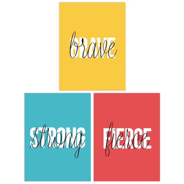 Wee Blue Coo Pack of 3 Brave Fierce Strong Capital & Lowercase Letters Bright Yellow Red Blue Typography Unframed Wall Art Living Room Prints Set - image 1