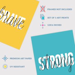 Wee Blue Coo Pack of 3 Brave Fierce Strong Capital & Lowercase Letters Bright Yellow Red Blue Typography Unframed Wall Art Living Room Prints Set - thumbnail 4