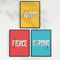 Wee Blue Coo Pack of 3 Brave Fierce Strong Capital & Lowercase Letters Bright Yellow Red Blue Typography Unframed Wall Art Living Room Prints Set - thumbnail 5