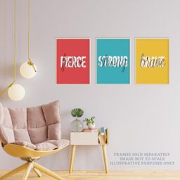 Wee Blue Coo Pack of 3 Brave Fierce Strong Capital & Lowercase Letters Bright Yellow Red Blue Typography Unframed Wall Art Living Room Prints Set - thumbnail 3