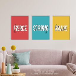 Wee Blue Coo Pack of 3 Brave Fierce Strong Capital & Lowercase Letters Bright Yellow Red Blue Typography Unframed Wall Art Living Room Prints Set - thumbnail 2