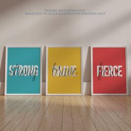 Wee Blue Coo Pack of 3 Brave Fierce Strong Capital & Lowercase Letters Bright Yellow Red Blue Typography Unframed Wall Art Living Room Prints Set - thumbnail 6