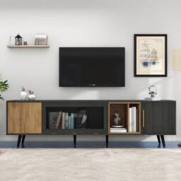 Rolipo 200cm Grey TV Cabinet with Glass Doors for 90 Inch TV in Dark Grey - thumbnail 3