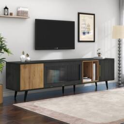 Rolipo 200cm Grey TV Cabinet with Glass Doors for 90 Inch TV in Dark Grey - thumbnail 4