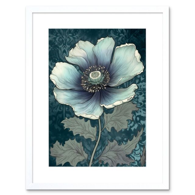 "Artery8 Wall Art Print Anemone Flower Bloom Teal Blue Watercolour Artwork Framed 9X7 Inch in White - Size: W7"" x H9""" - image 1