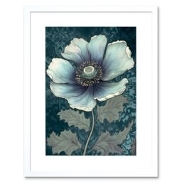 "Artery8 Wall Art Print Anemone Flower Bloom Teal Blue Watercolour Artwork Framed 9X7 Inch in White - Size: W7"" x H9""" - thumbnail 1