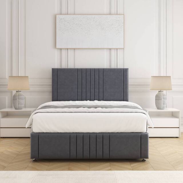 "BSSPOKE Hazel Divan Bed Set Plush Velvet 24"" Headboard & Mattress No Drawers in Charcoal - Size: Single" - image 1