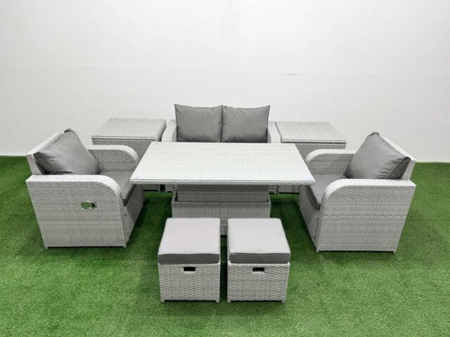 Fimous Light Grey PE Wicker Rattan Garden Furniture Set Sofa Set Reclining Chair Adjustable Lifting Dining or Coffee Table 6 Seater 2 Small Stools 2 - image 1