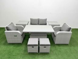 Fimous Light Grey PE Wicker Rattan Garden Furniture Set Sofa Set Reclining Chair Adjustable Lifting Dining or Coffee Table 6 Seater 2 Small Stools 2 - thumbnail 1