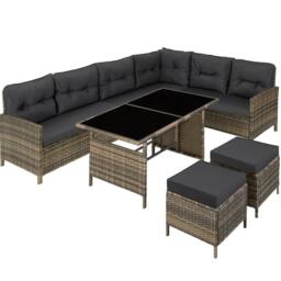 tectake 8 Seater Garden Furniture Set with Cushions, Footstools & Table in Natural - Size: XL