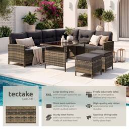 tectake 8 Seater Garden Furniture Set with Cushions, Footstools & Table in Natural - Size: XL - thumbnail 2