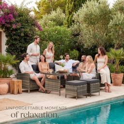 tectake 8 Seater Garden Furniture Set with Cushions, Footstools & Table in Natural - Size: XL - thumbnail 8