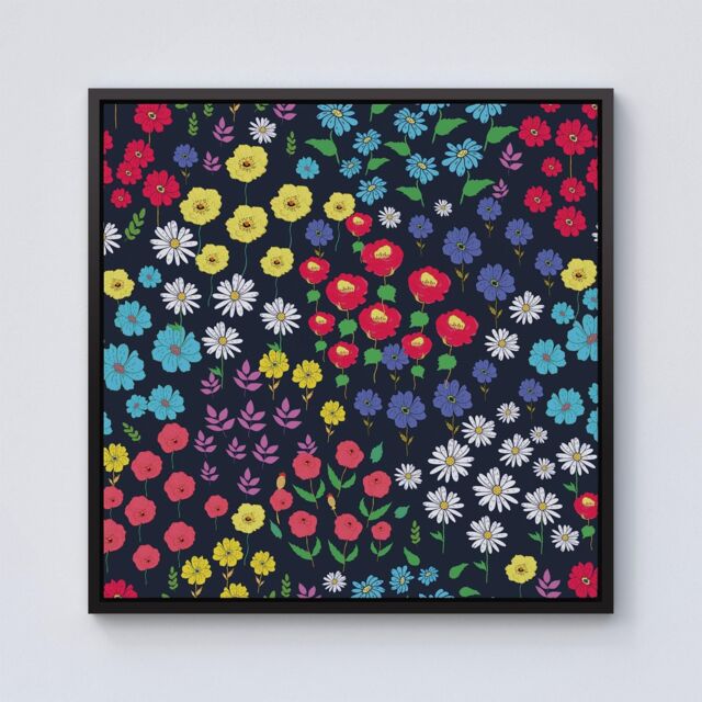 Warren Reed - Designer Multicoloured Flower Pattern Framed Canvas in Black - Size: w40 inch x h40 inch - image 1