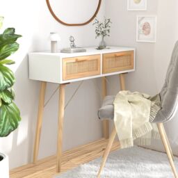 Berkfield Home Console Table White 80x30x75 cm Solid Wood Pine&Natural Rattan - Size: 80 x 30 x 75 cm
