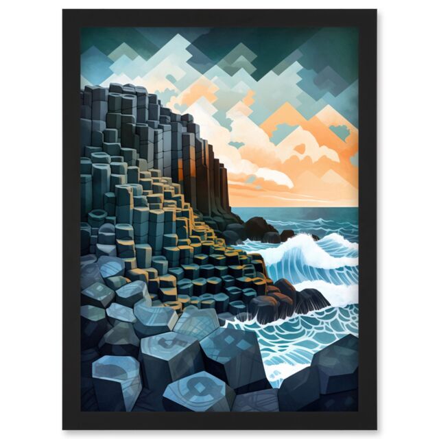 Artery8 Giant's Causeway Northern Ireland Basalt Formations & Polygonal Clouds Modern Watercolour Painting Artwork Framed Wall Art Print A4 in Black - image 1