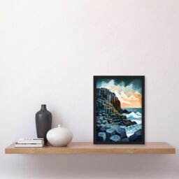Artery8 Giant's Causeway Northern Ireland Basalt Formations & Polygonal Clouds Modern Watercolour Painting Artwork Framed Wall Art Print A4 in Black - thumbnail 2