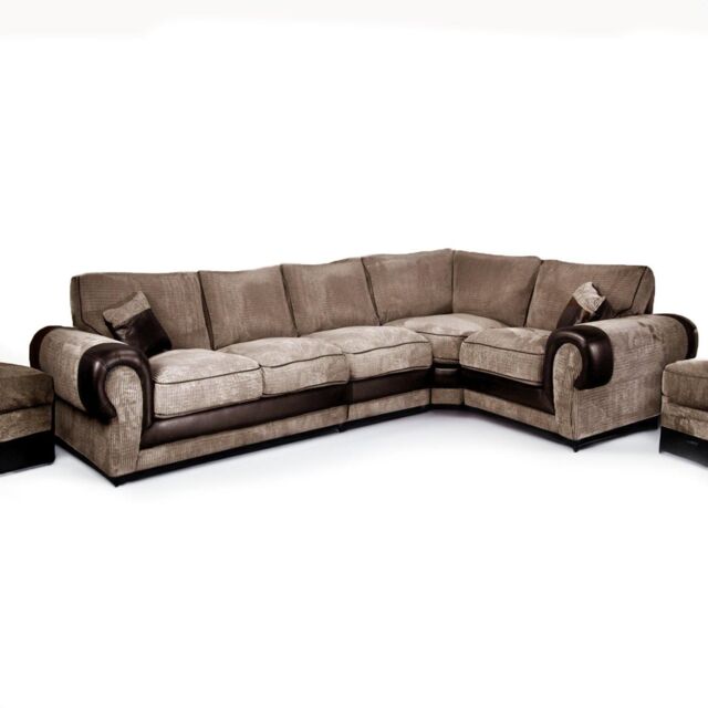 Furnishings For Less UK Large Portland Fabric & Leather Long 5 Seater L Shaped Corner Sofa Roll Arm Fullback Right Hand Facing in Beige - image 1