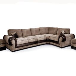 Furnishings For Less UK Large Portland Fabric & Leather Long 5 Seater L Shaped Corner Sofa Roll Arm Fullback Right Hand Facing in Beige - thumbnail 1