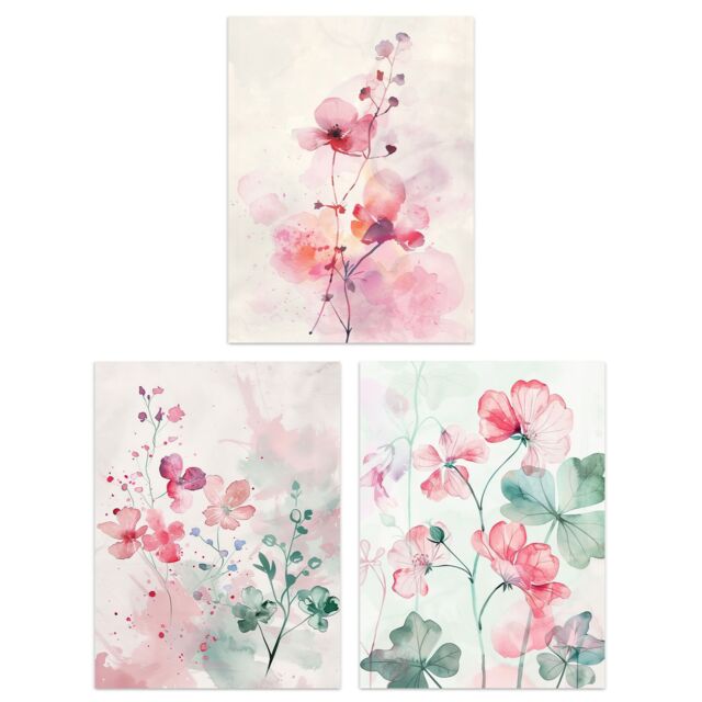 "Artery8 Set of 3 Light Watercolour Geranium Flowers 12X16"" Wall Art Prints in Light Pink - Size: A4" - image 1