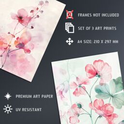 "Artery8 Set of 3 Light Watercolour Geranium Flowers 12X16"" Wall Art Prints in Light Pink - Size: A4" - thumbnail 4