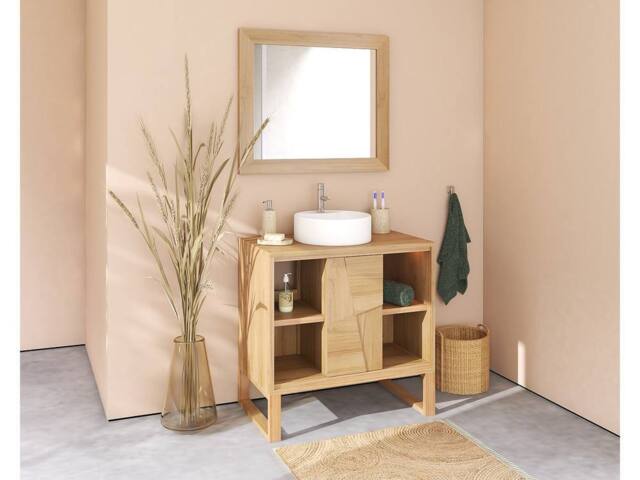 Vente-unique Freestanding Teak Bathroom Vanity Unit With Round Ceramic Countertop in Light Oak