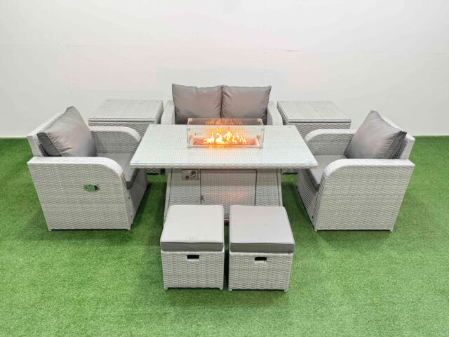 Fimous Light Grey PE Wicker Rattan Garden Furniture Set Sofa Set Reclining Chair Firepit Dining Table 6 Seater 2 Small Stools 2 Side Table - image 1