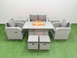 Fimous Light Grey PE Wicker Rattan Garden Furniture Set Sofa Set Reclining Chair Firepit Dining Table 6 Seater 2 Small Stools 2 Side Table - thumbnail 1