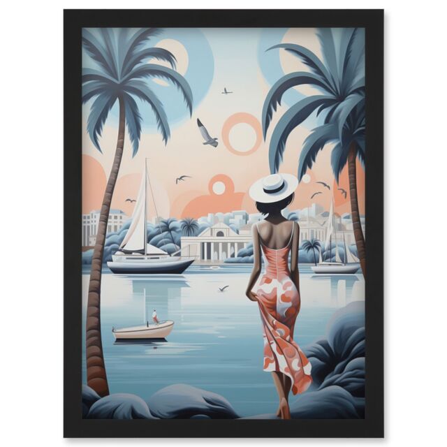 Artery8 Wall Art Print French Riviera Palm Tree Coastline Boats Stylised Artwork Teal Coral Pink Woman Cote d'Azur Nice Coastal Landscape Artwork - image 1
