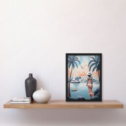 Artery8 Wall Art Print French Riviera Palm Tree Coastline Boats Stylised Artwork Teal Coral Pink Woman Cote d'Azur Nice Coastal Landscape Artwork - thumbnail 2