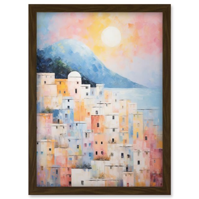 Artery8 Wall Art Print Santorini Whitewashed Buildings Pastel Colour Oil Painting Orange Pink Blue Sunrise Fira Coastal City Artwork Framed A4 - image 1