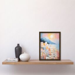 Artery8 Wall Art Print Santorini Whitewashed Buildings Pastel Colour Oil Painting Orange Pink Blue Sunrise Fira Coastal City Artwork Framed A4 - thumbnail 2