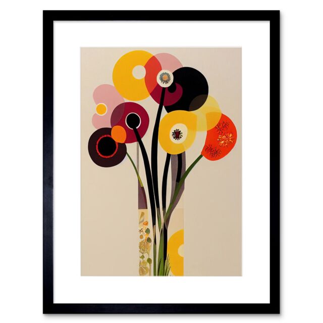 "Artery8 Wall Art Print Abstract Retro Spring Summer Flowers Floral Yellow Burgundy Orange Bouquet Vase Artwork Framed 9X7 Inch - Size: W7"" x H9""" - image 1