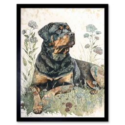 "Artery8 Wall Art Print Rottweiler Dog Lying in Wildflowers Bright Watercolour Art Framed in Black - Size: W12"" x H16""" - thumbnail 1