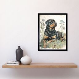 "Artery8 Wall Art Print Rottweiler Dog Lying in Wildflowers Bright Watercolour Art Framed in Black - Size: W12"" x H16""" - thumbnail 2