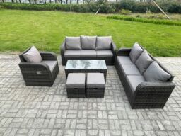 Fimous Patio Garden Furniture Sets Wicker 9 Seater Outdoor Rattan Furniture Sofa Sets w/ Rectangular Coffee Table Reclining Chair 2 Small Footstools - thumbnail 1