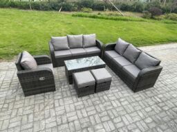 Fimous Patio Garden Furniture Sets Wicker 9 Seater Outdoor Rattan Furniture Sofa Sets w/ Rectangular Coffee Table Reclining Chair 2 Small Footstools - thumbnail 2