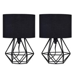 ValueLights Pair Of Satin Black Metal Basket Cage Table Lamps With Black Fabric Shades - thumbnail 2
