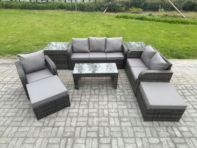 Fimous 8 Seater High Back Rattan Garden Furniture Set w/ Reclining Chair Rectangular Coffee Table 2 Side Tables 2 Big Footstool Indoor Outdoor Sofa - image 1