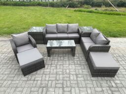 Fimous 8 Seater High Back Rattan Garden Furniture Set w/ Reclining Chair Rectangular Coffee Table 2 Side Tables 2 Big Footstool Indoor Outdoor Sofa - thumbnail 1