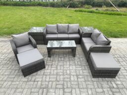 Fimous 8 Seater High Back Rattan Garden Furniture Set w/ Reclining Chair Rectangular Coffee Table 2 Side Tables 2 Big Footstool Indoor Outdoor Sofa - thumbnail 2