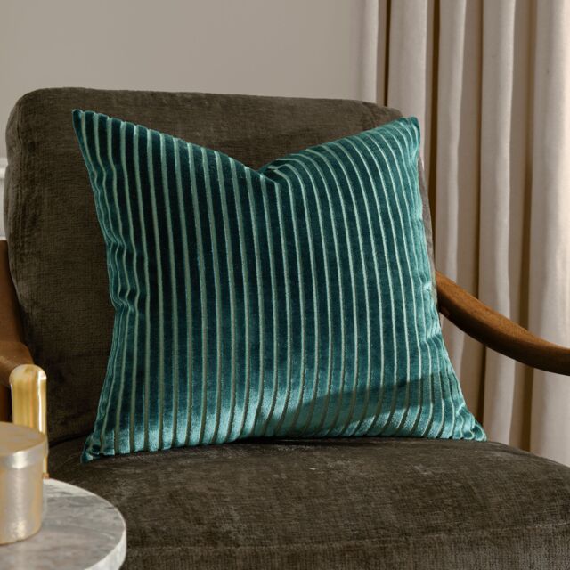 Paoletti Savoy Stripe Velvet Cushion in Teal - Size: 50 cm x 50 cm - image 1