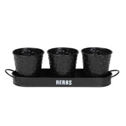 simpa Embossed Metal 3PC Herb Planters with Tray in Black - thumbnail 2