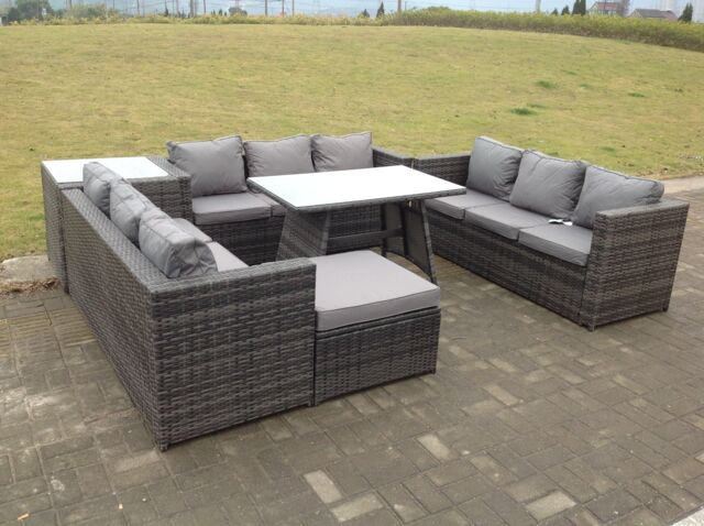 Fimous Outdoor Rattan Garden Furniture Lounge Sofa Set With Oblong Dining Table Side Coffee Table & Big Footstool in Dark Grey - image 1