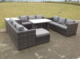Fimous Outdoor Rattan Garden Furniture Lounge Sofa Set With Oblong Dining Table Side Coffee Table & Big Footstool in Dark Grey - thumbnail 1