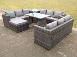 Fimous Outdoor Rattan Garden Furniture Lounge Sofa Set With Oblong Dining Table Side Coffee Table & Big Footstool in Dark Grey - thumbnail 2