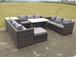 Fimous Outdoor Rattan Garden Furniture Lounge Sofa Set With Oblong Dining Table Side Coffee Table & Big Footstool in Dark Grey - thumbnail 4
