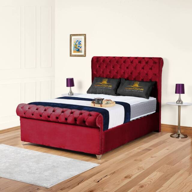 "UK Bed Furniture Chesterfield Sleigh Upholstered Bed with 48"" Headboard - Slatted Base in Maroon - Size: Small Double" - image 1